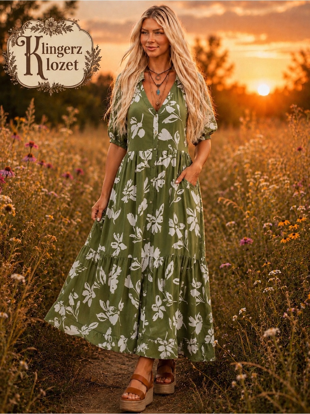 Olive Green Floral Button-Front Midi Dress with pockets by Sonoma